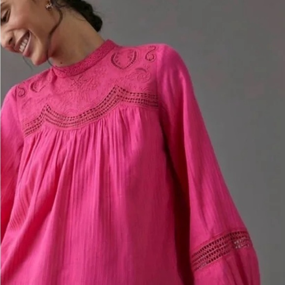 Anthropologie Harmony Hot Pink Lace Embroidered Blouse Size Small - Picture 2 of 14